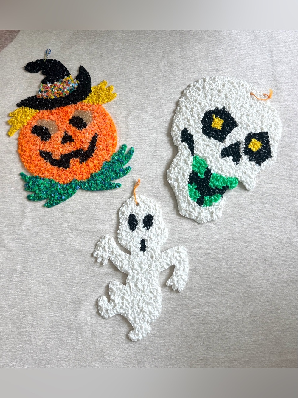 Vtg 70’s Melted Plastic Popcorn Halloween Decorations ghost Pumpkin Skeleton